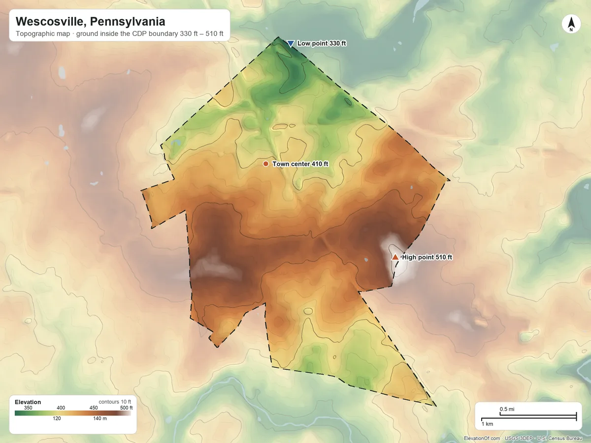 Topographic elevation map of Wescosville, Pennsylvania, shaded from 330 ft on the north side to 510 ft on the southeast side