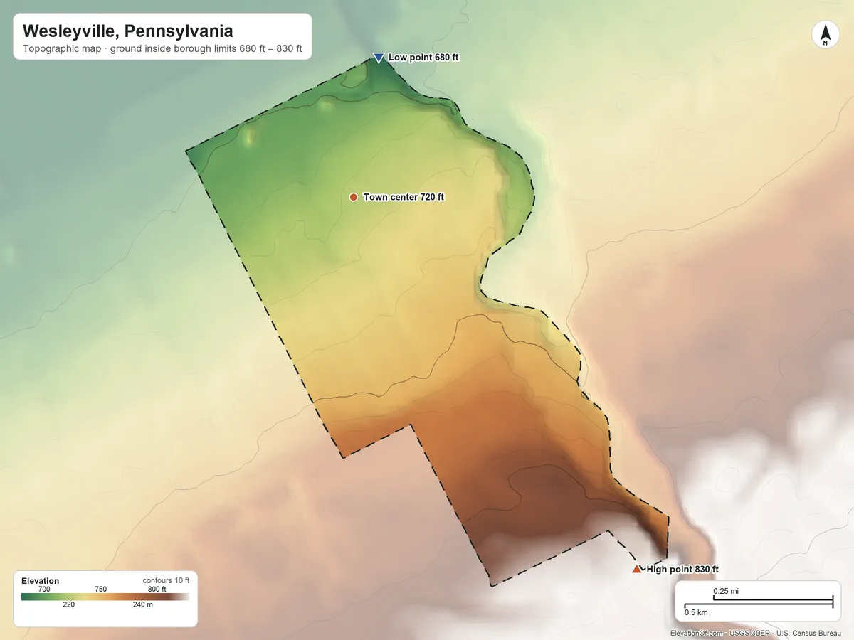 Topographic elevation map of Wesleyville, Pennsylvania, shaded from 680 ft on the north side to 830 ft at the foot of the Drumlins
