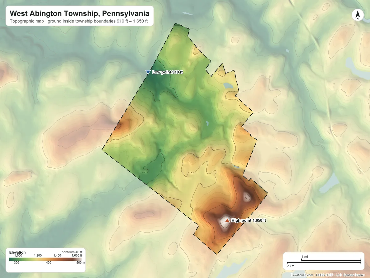 Topographic elevation map of West Abington Township, Pennsylvania, shaded from 910 ft on the north side to 1,650 ft on Wilbur Hill