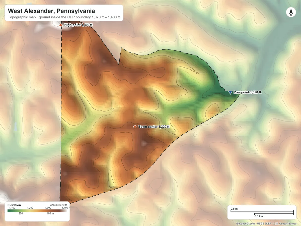 Topographic elevation map of West Alexander, Pennsylvania, shaded from 1,070 ft on the east side to 1,400 ft on the northwest side