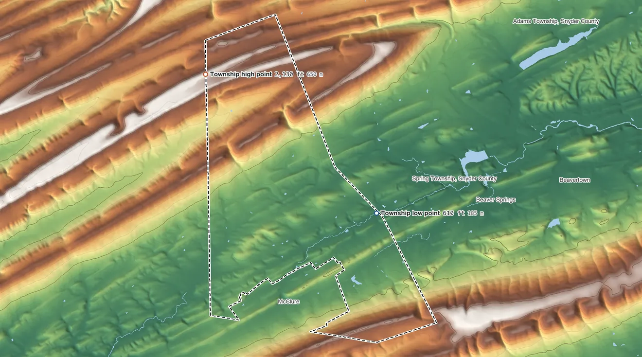 Topographic elevation map of West Beaver Township, Pennsylvania, shaded from 610 ft on the east side to 2,130 ft on the northwest side