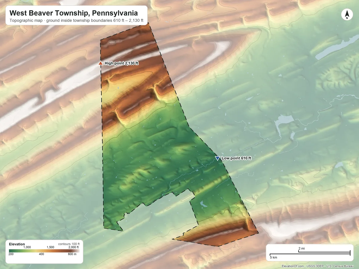 Topographic elevation map of West Beaver Township, Pennsylvania, shaded from 610 ft on the east side to 2,130 ft on the northwest side