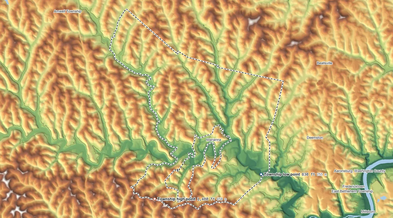 Topographic elevation map of West Bethlehem Township, Pennsylvania, shaded from 830 ft on the southeast side to 1,480 ft on the southwest side