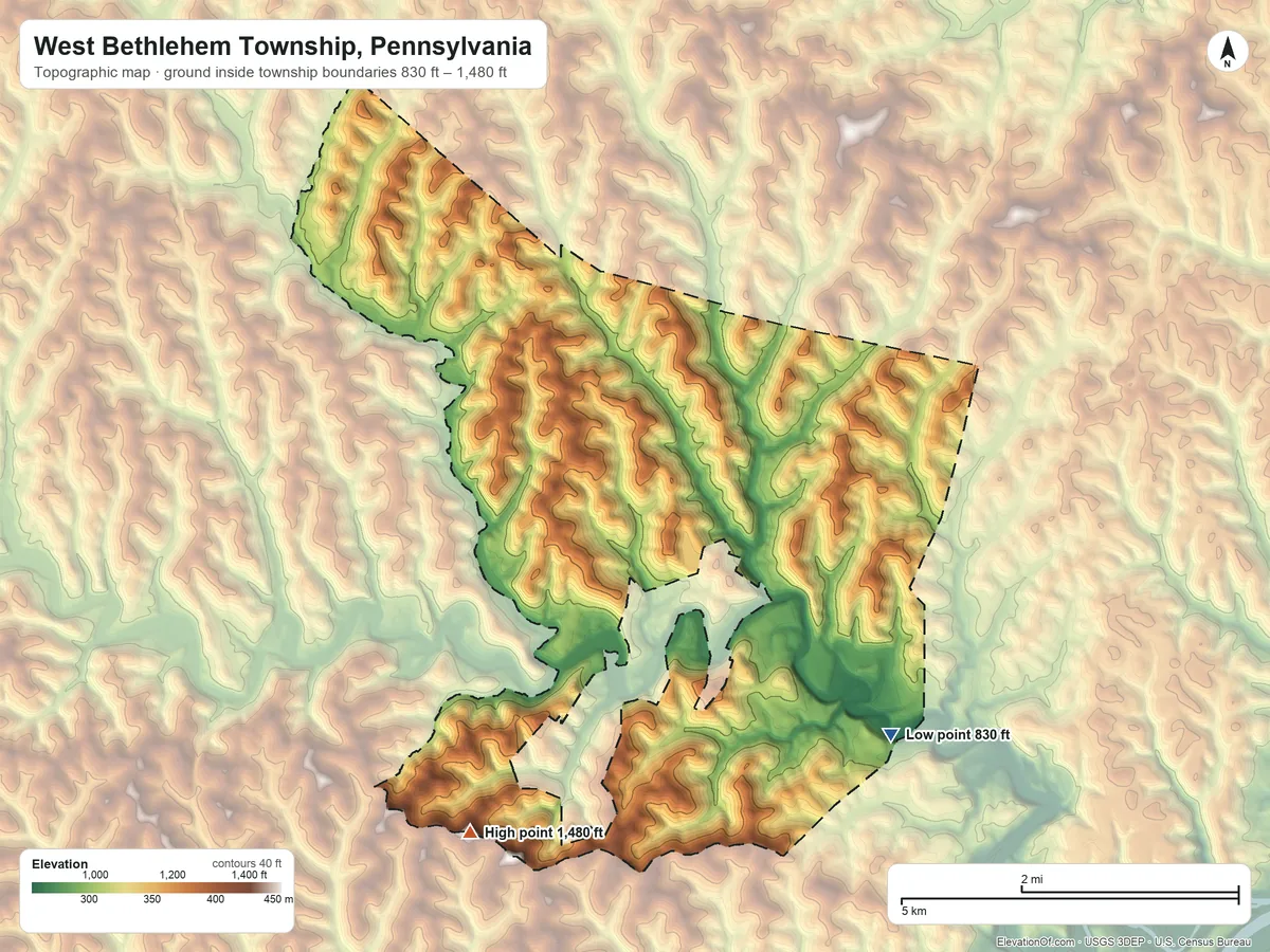 Topographic elevation map of West Bethlehem Township, Pennsylvania, shaded from 830 ft on the southeast side to 1,480 ft on the southwest side