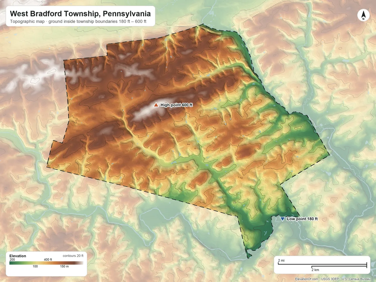 Topographic elevation map of West Bradford Township, Pennsylvania, shaded from 180 ft on the southeast side to 600 ft near the middle