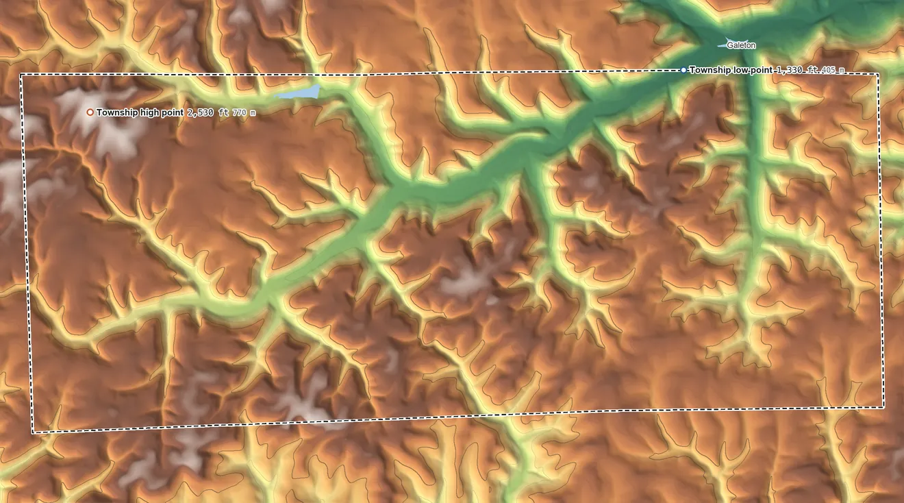 Topographic elevation map of West Branch Township, Pennsylvania, shaded from 1,330 ft on the northeast side to 2,530 ft on the west side
