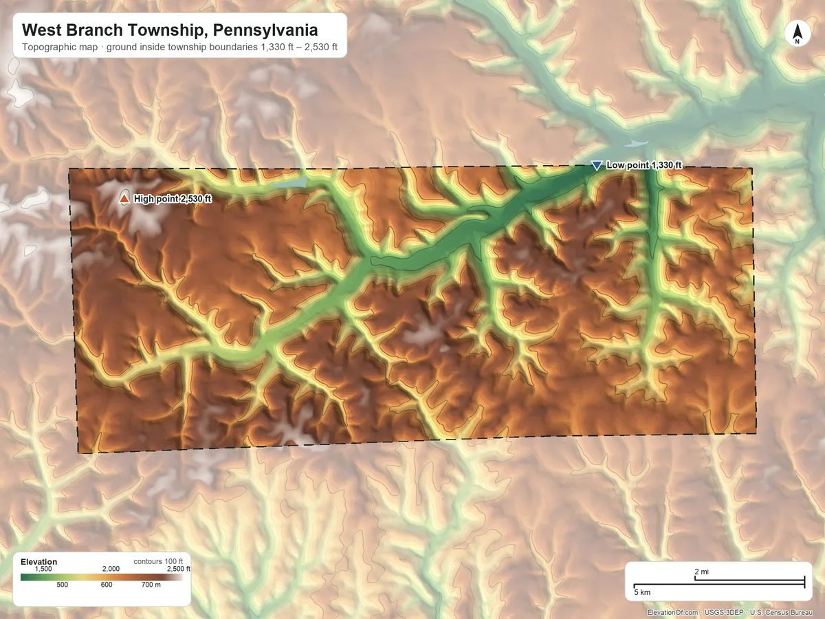 Topographic elevation map of West Branch Township, Pennsylvania, shaded from 1,330 ft on the northeast side to 2,530 ft on the west side