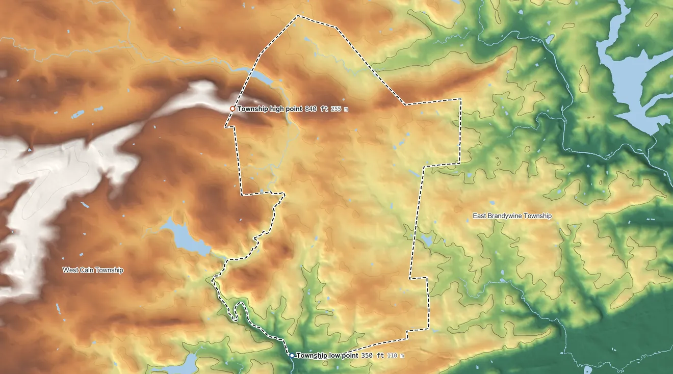 Topographic elevation map of West Brandywine Township, Pennsylvania, shaded from 350 ft on the southwest side to 840 ft on the northwest side