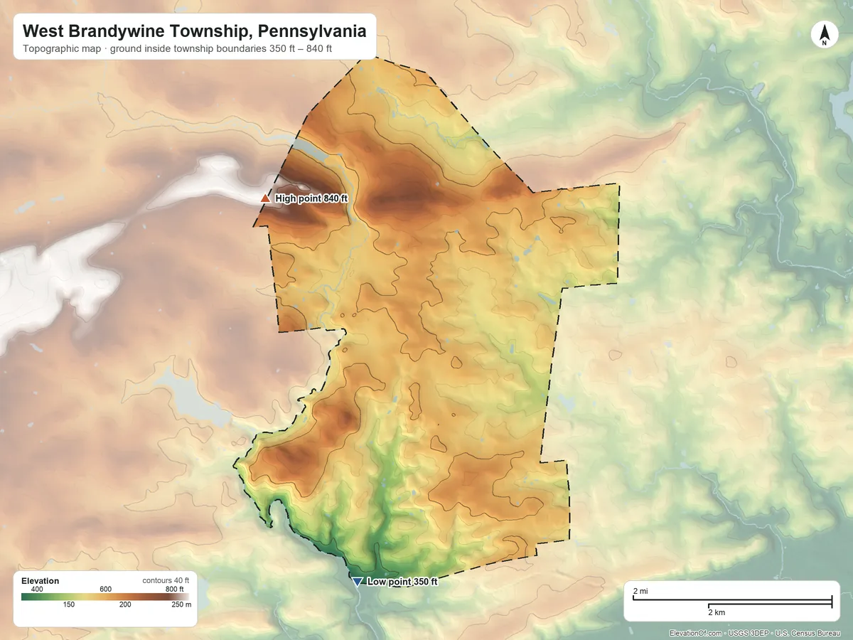 Topographic elevation map of West Brandywine Township, Pennsylvania, shaded from 350 ft on the southwest side to 840 ft on the northwest side