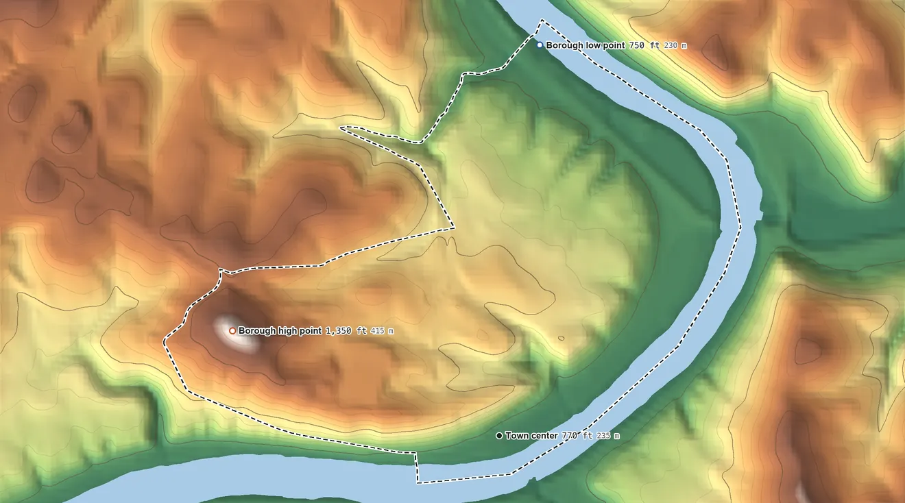 Topographic elevation map of West Brownsville, Pennsylvania, shaded from 750 ft on the north side to 1,350 ft on Krepp Knob