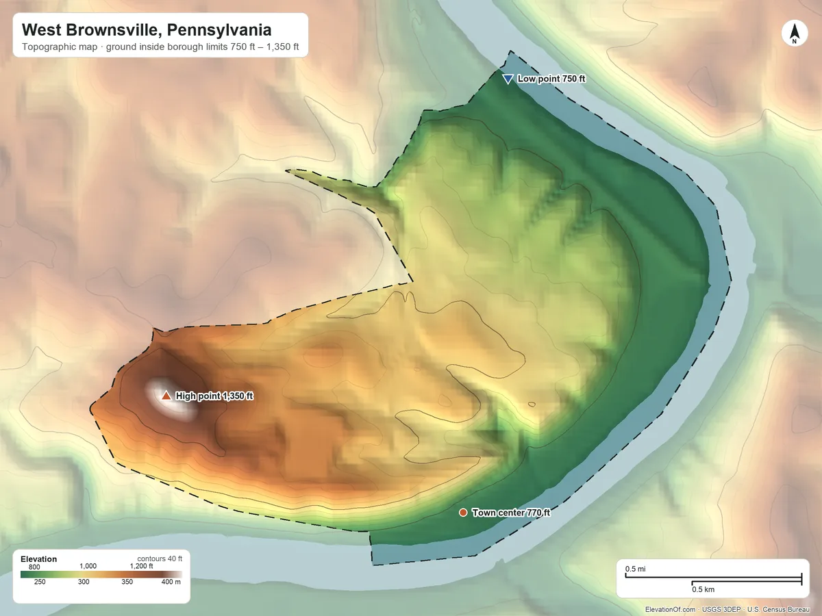 Topographic elevation map of West Brownsville, Pennsylvania, shaded from 750 ft on the north side to 1,350 ft on Krepp Knob
