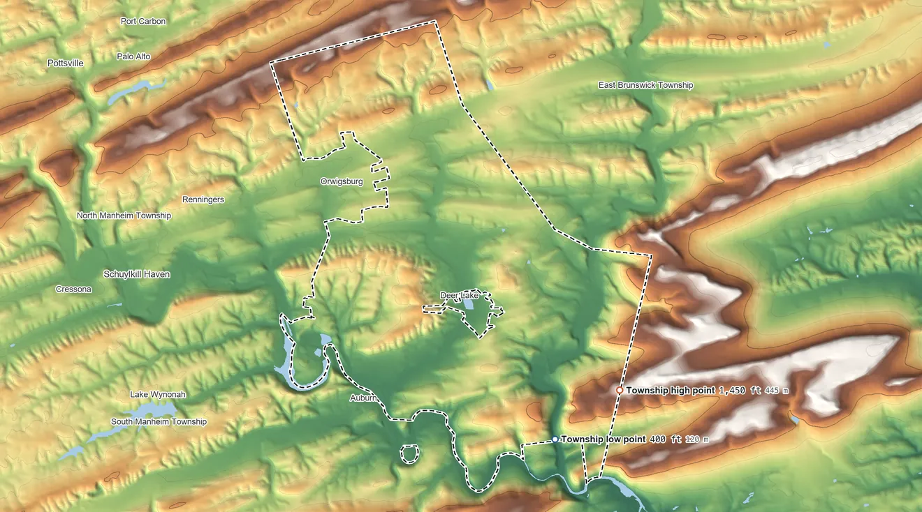 Topographic elevation map of West Brunswick Township, Pennsylvania, shaded from 400 ft on the southeast side to 1,450 ft on the southeast side