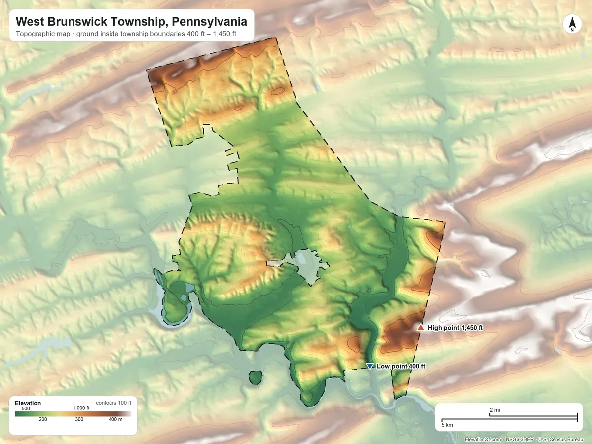 Topographic elevation map of West Brunswick Township, Pennsylvania, shaded from 400 ft on the southeast side to 1,450 ft on the southeast side