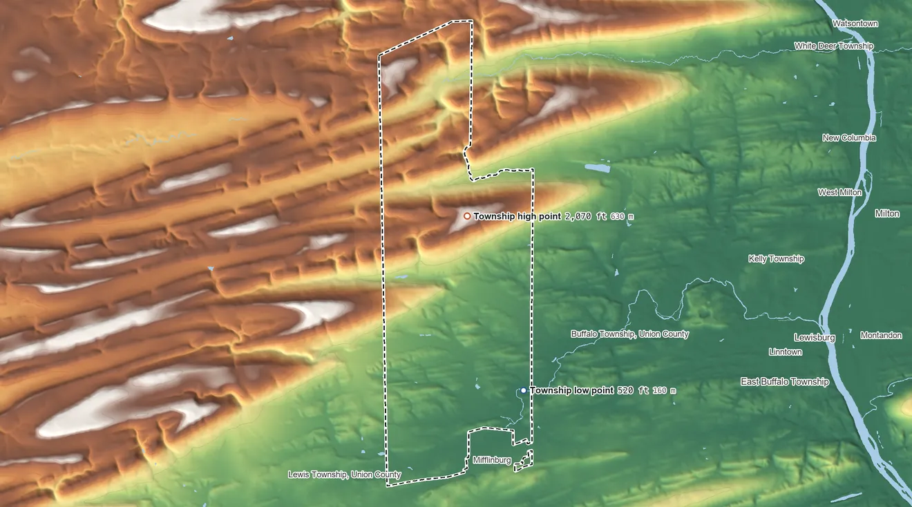 Topographic elevation map of West Buffalo Township, Pennsylvania, shaded from 520 ft on the east side to 2,070 ft on Buffalo Mountain
