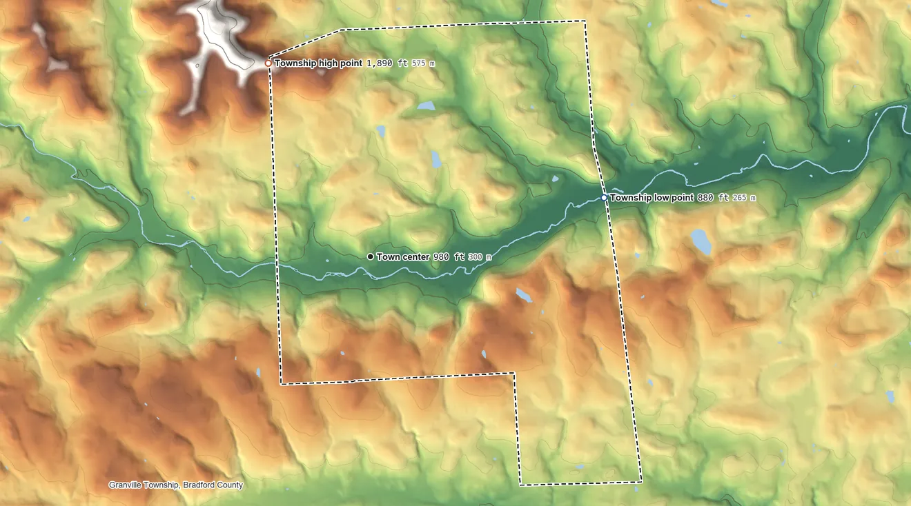 Topographic elevation map of West Burlington Township, Pennsylvania, shaded from 880 ft on the east side to 1,890 ft on the northwest edge, below higher ground just outside