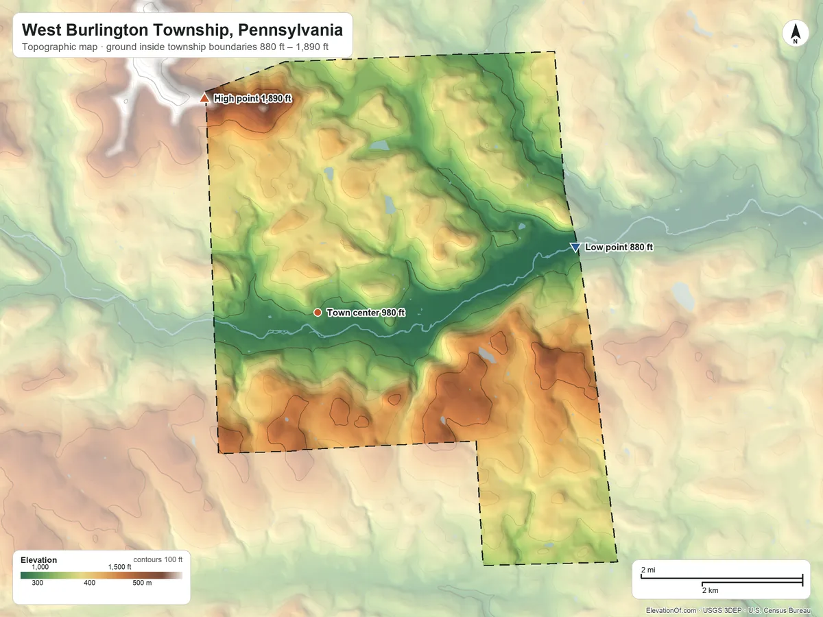 Topographic elevation map of West Burlington Township, Pennsylvania, shaded from 880 ft on the east side to 1,890 ft on the northwest edge, below higher ground just outside