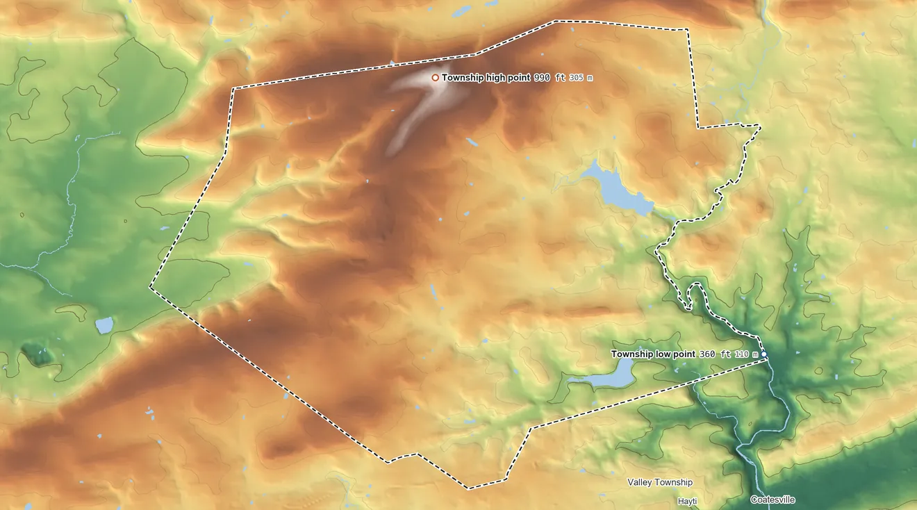 Topographic elevation map of West Caln Township, Pennsylvania, shaded from 360 ft on the southeast side to 990 ft on the north side