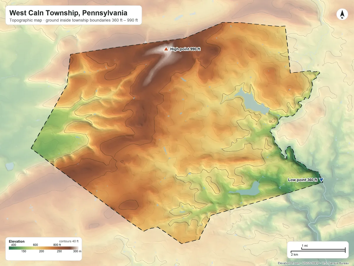 Topographic elevation map of West Caln Township, Pennsylvania, shaded from 360 ft on the southeast side to 990 ft on the north side