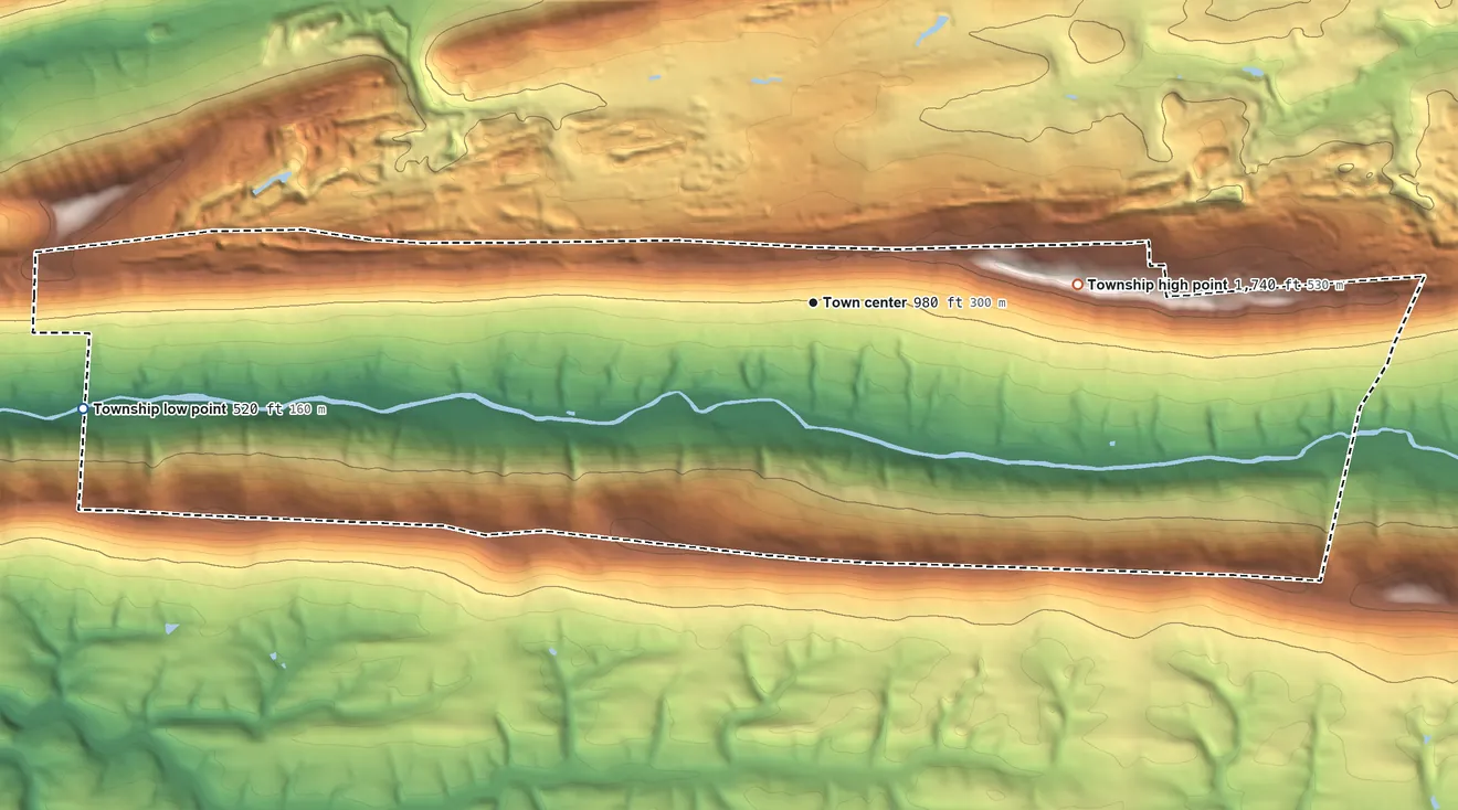 Topographic elevation map of West Cameron Township, Pennsylvania, shaded from 520 ft on the west side to 1,740 ft on the east side