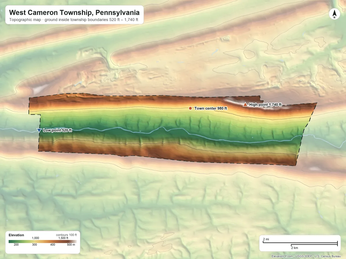 Topographic elevation map of West Cameron Township, Pennsylvania, shaded from 520 ft on the west side to 1,740 ft on the east side