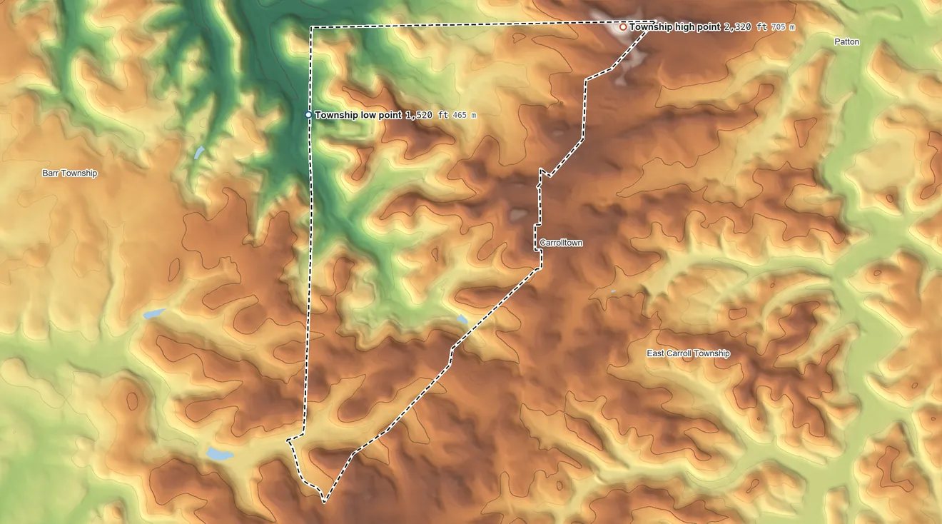 Topographic elevation map of West Carroll Township, Pennsylvania, shaded from 1,520 ft on the northwest side to 2,320 ft on the northeast side