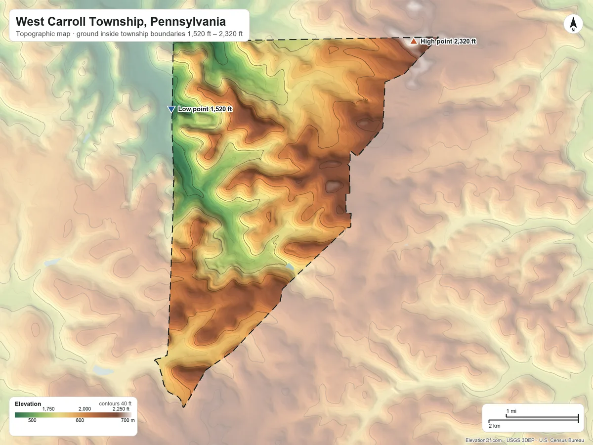 Topographic elevation map of West Carroll Township, Pennsylvania, shaded from 1,520 ft on the northwest side to 2,320 ft on the northeast side