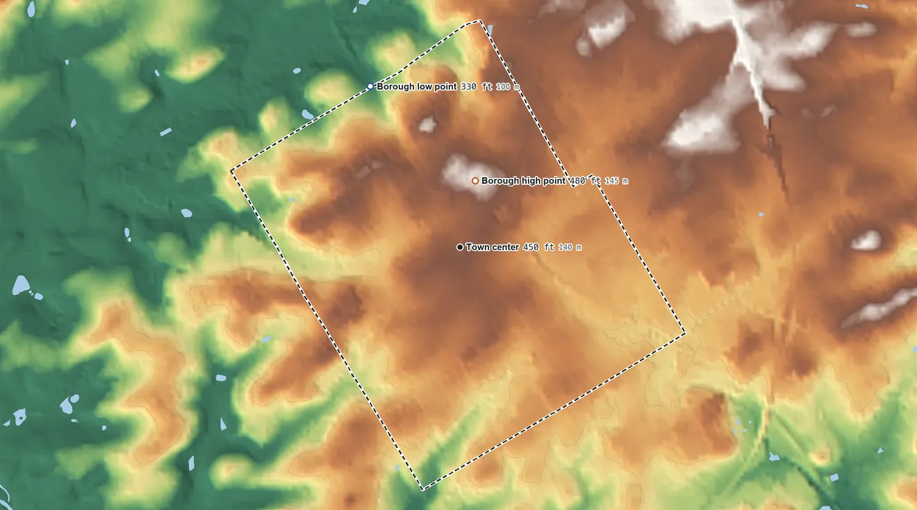 Topographic elevation map of West Chester, Pennsylvania, shaded from 330 ft on the northwest side to 480 ft on the north side