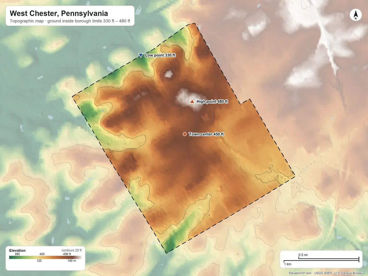 Topographic elevation map of West Chester, Pennsylvania, shaded from 330 ft on the northwest side to 480 ft on the north side