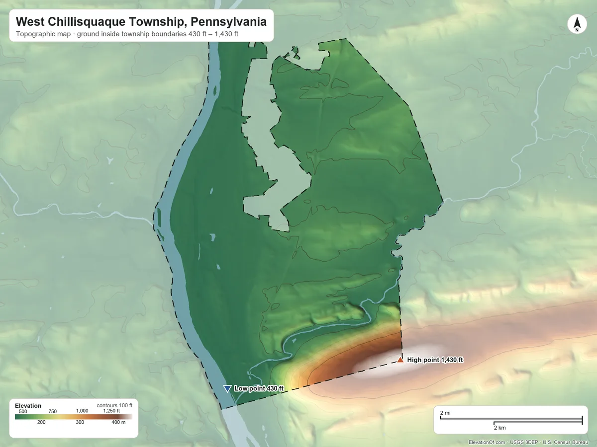 Topographic elevation map of West Chillisquaque Township, Pennsylvania, shaded from 430 ft on the south side to 1,430 ft on the southeast side