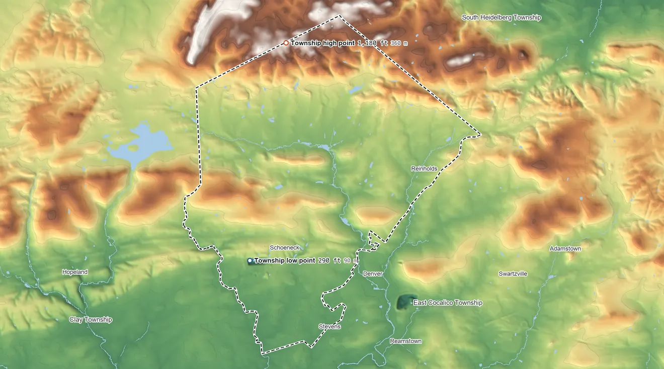 Topographic elevation map of West Cocalico Township, Pennsylvania, shaded from 290 ft on the southwest side to 1,180 ft on the north side