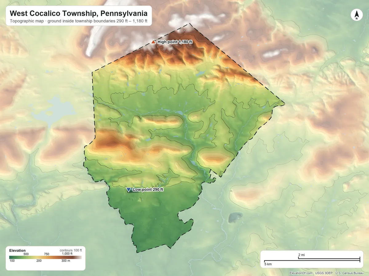 Topographic elevation map of West Cocalico Township, Pennsylvania, shaded from 290 ft on the southwest side to 1,180 ft on the north side