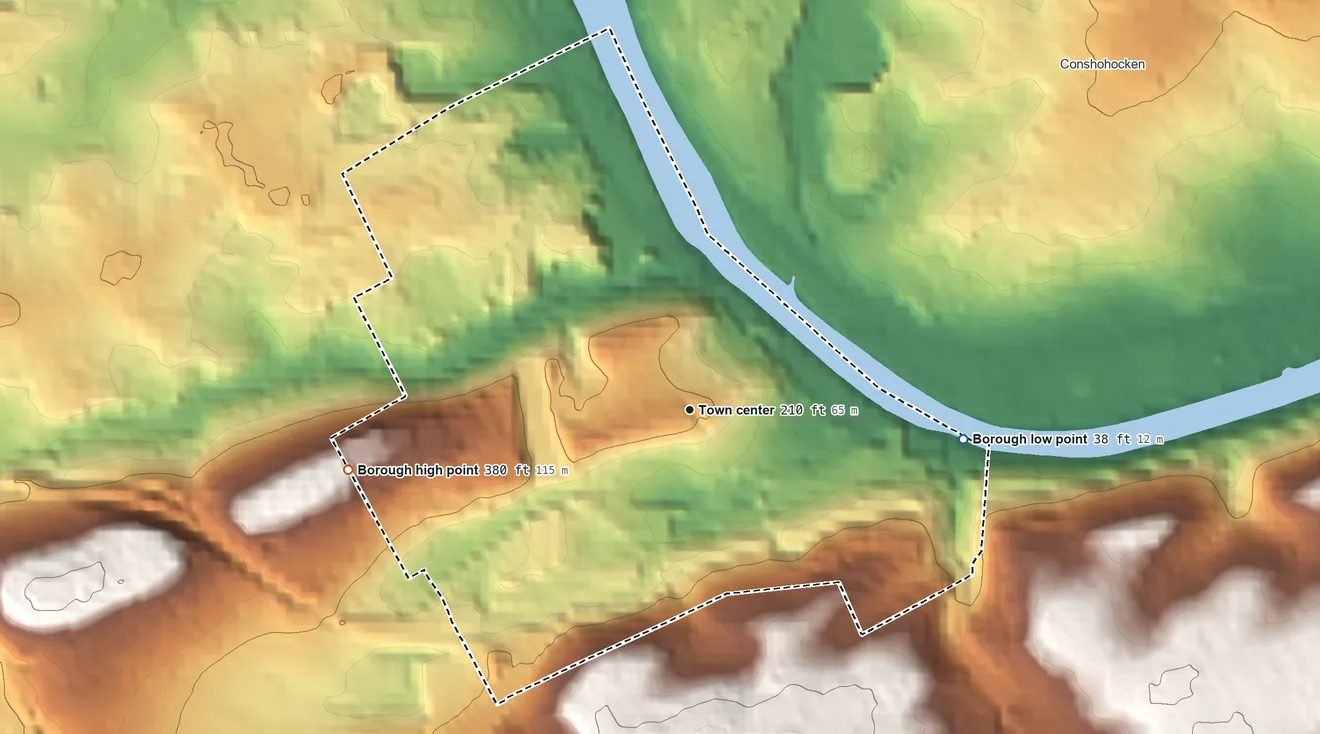 Topographic elevation map of West Conshohocken, Pennsylvania, shaded from 38 ft on the east side to 380 ft on the west side