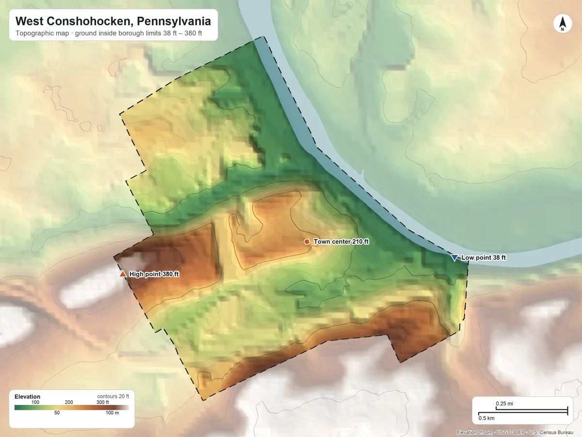 Topographic elevation map of West Conshohocken, Pennsylvania, shaded from 38 ft on the east side to 380 ft on the west side