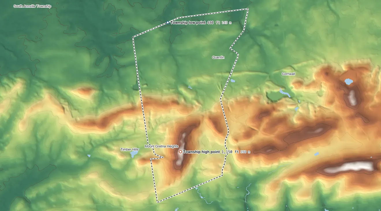 Topographic elevation map of West Cornwall Township, Pennsylvania, shaded from 480 ft on the north side to 1,151 ft on Governor Dick Hill