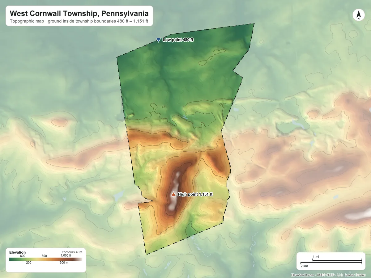 Topographic elevation map of West Cornwall Township, Pennsylvania, shaded from 480 ft on the north side to 1,151 ft on Governor Dick Hill