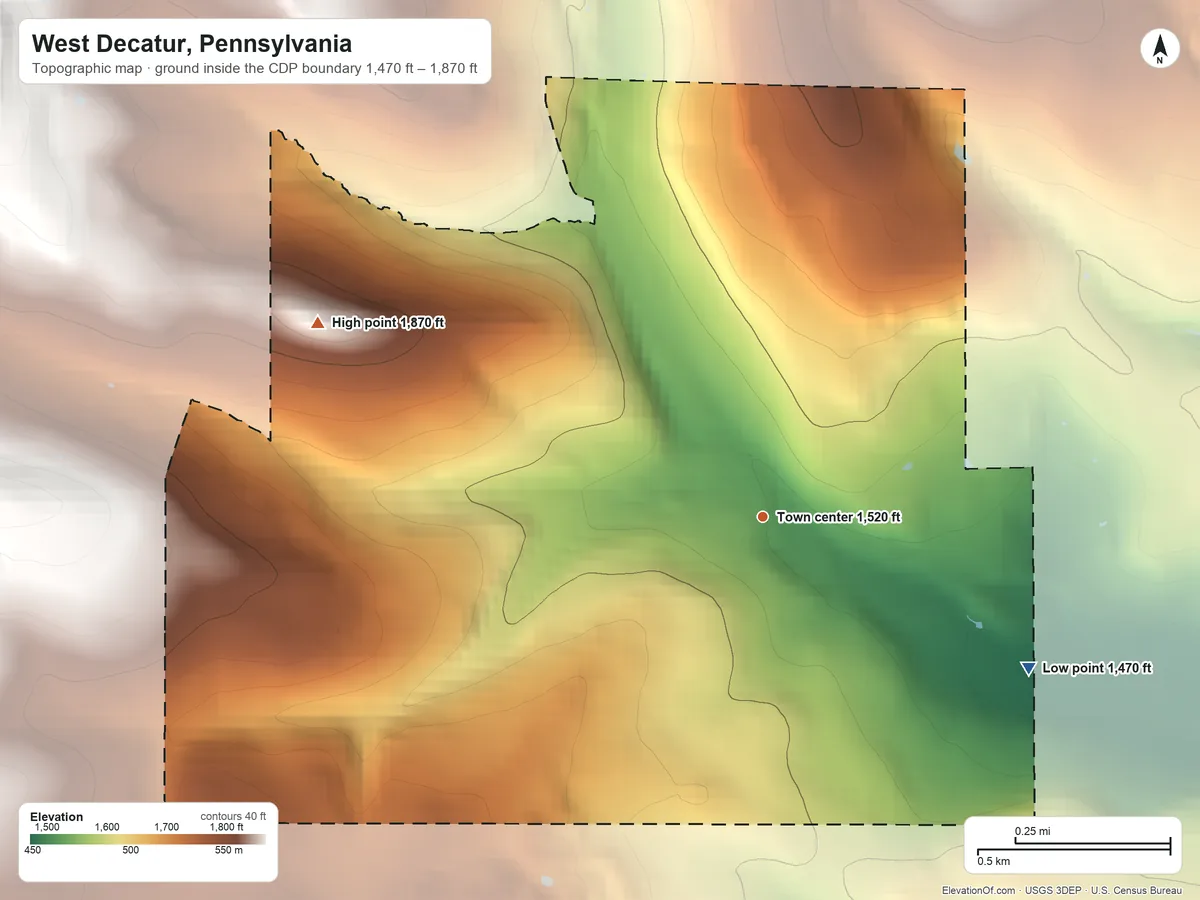 Topographic elevation map of West Decatur, Pennsylvania, shaded from 1,470 ft on the southeast side to 1,870 ft on the northwest side