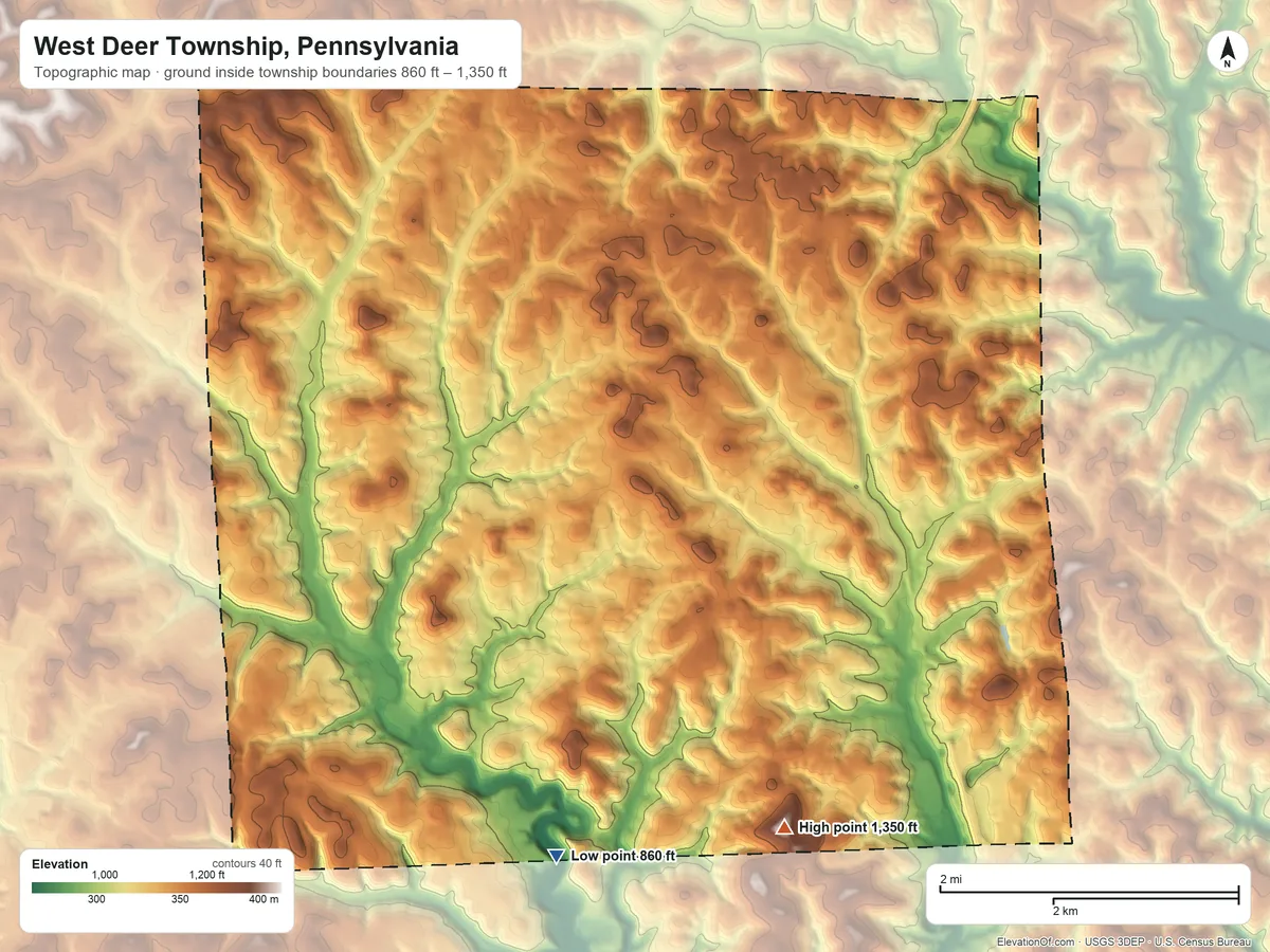 Topographic elevation map of West Deer Township, Pennsylvania, shaded from 860 ft on the south side to 1,350 ft on the southeast side