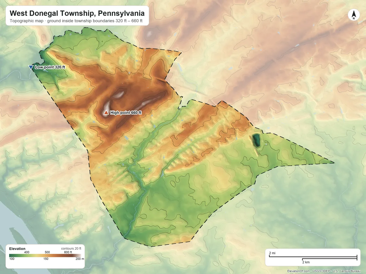 Topographic elevation map of West Donegal Township, Pennsylvania, shaded from 320 ft on the northwest side to 660 ft on the west side