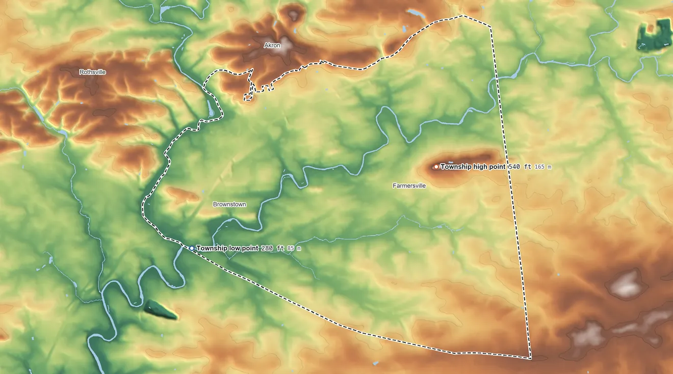 Topographic elevation map of West Earl Township, Pennsylvania, shaded from 280 ft on the west side to 540 ft on the east side