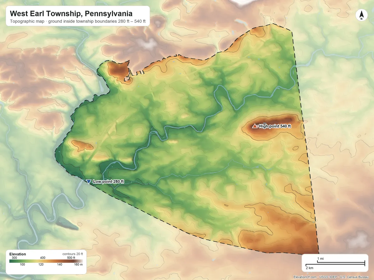 Topographic elevation map of West Earl Township, Pennsylvania, shaded from 280 ft on the west side to 540 ft on the east side
