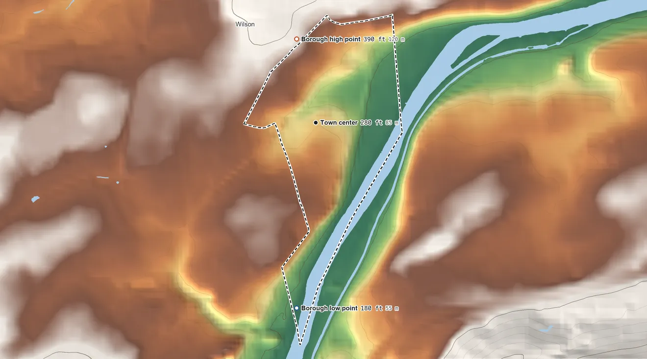 Topographic elevation map of West Easton, Pennsylvania, shaded from 180 ft on the south side to 390 ft on the north edge, below higher ground just outside
