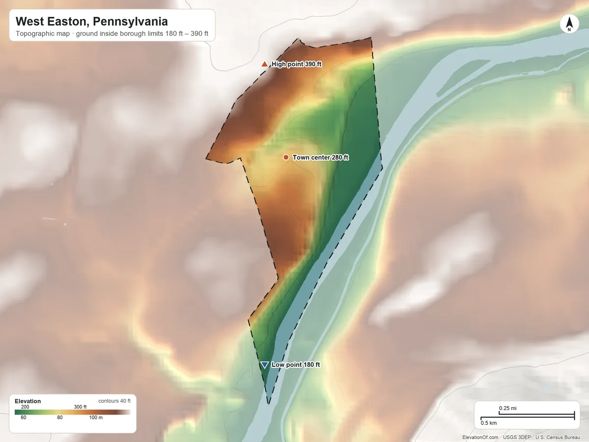 Topographic elevation map of West Easton, Pennsylvania, shaded from 180 ft on the south side to 390 ft on the north edge, below higher ground just outside
