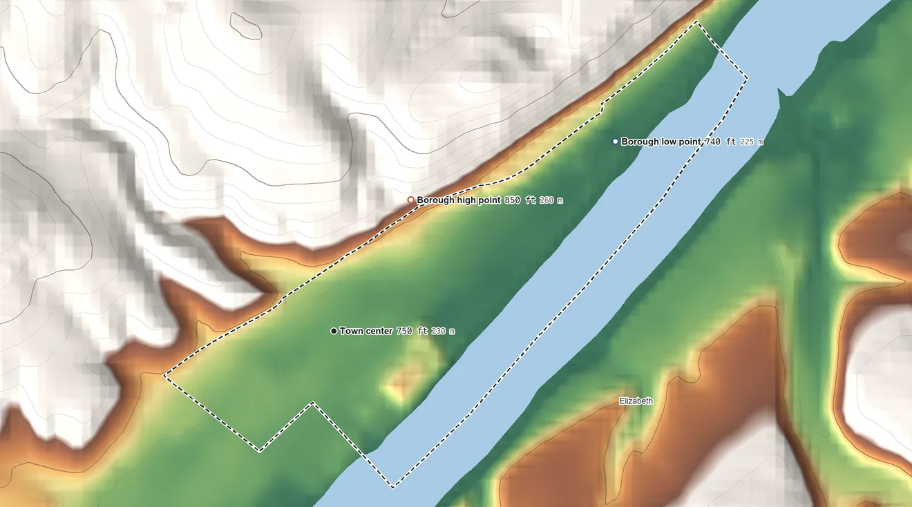 Topographic elevation map of West Elizabeth, Pennsylvania, shaded from 740 ft on the northeast side to 850 ft on the northeast edge, below higher ground just outside