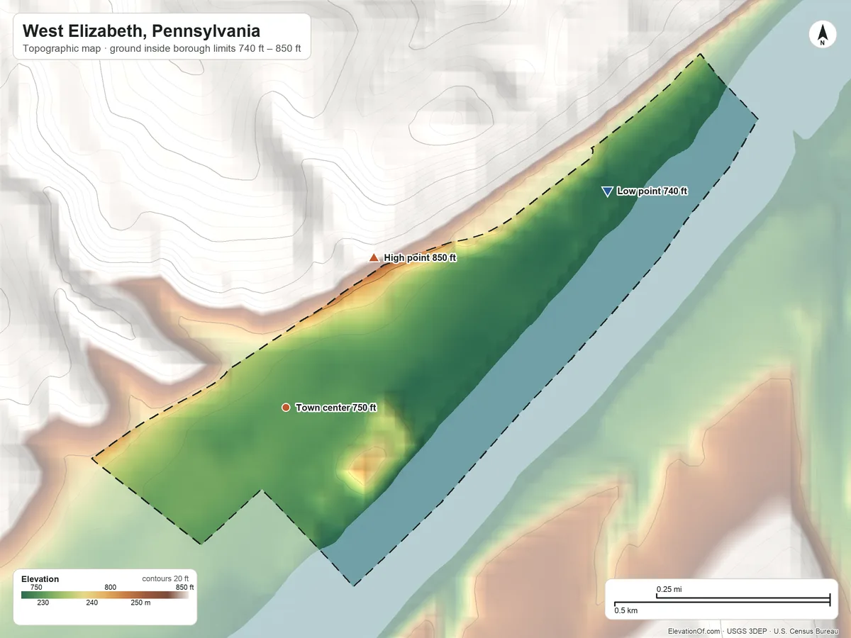 Topographic elevation map of West Elizabeth, Pennsylvania, shaded from 740 ft on the northeast side to 850 ft on the northeast edge, below higher ground just outside