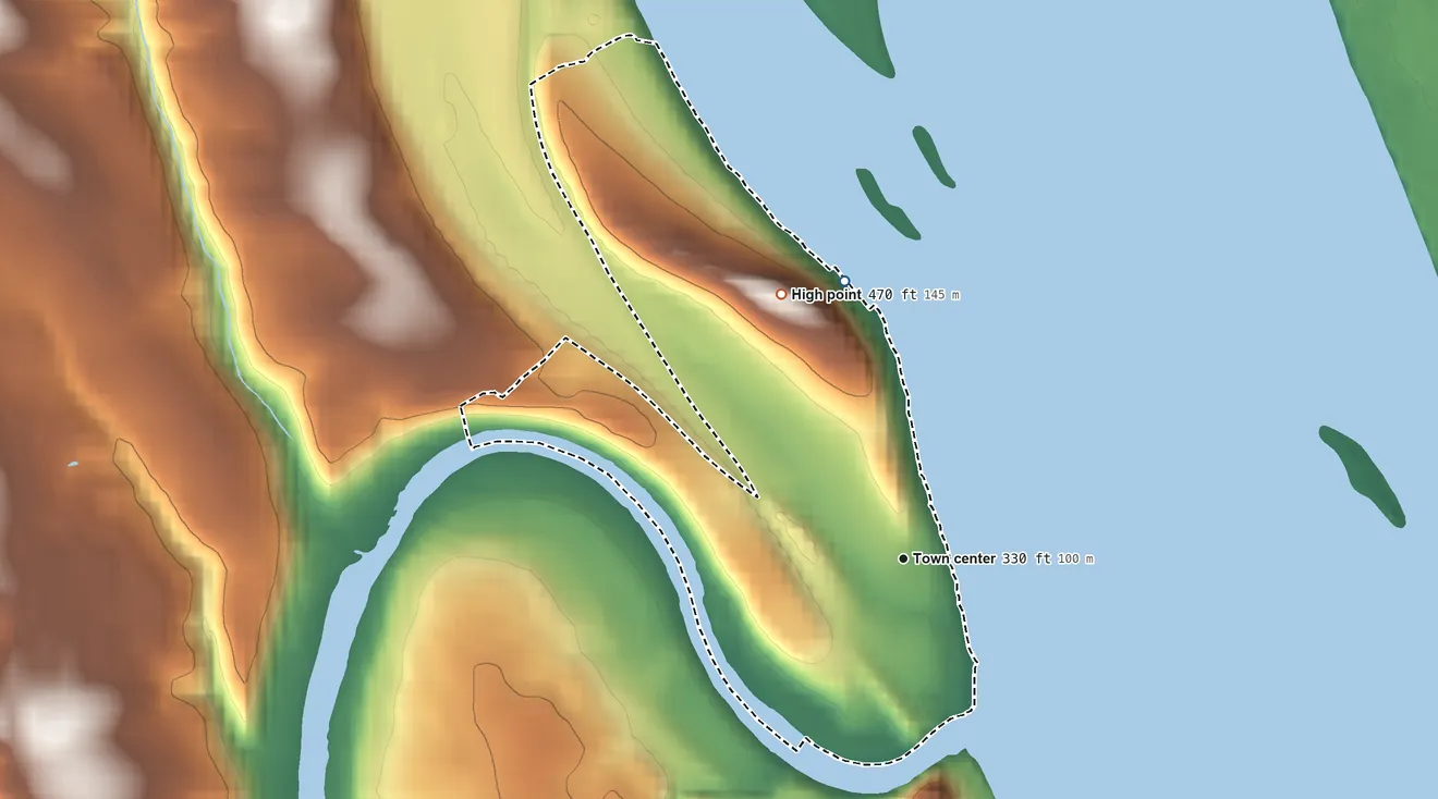 Topographic elevation map of West Fairview, Pennsylvania, shaded from 300 ft on the north side to 470 ft on the northwest side