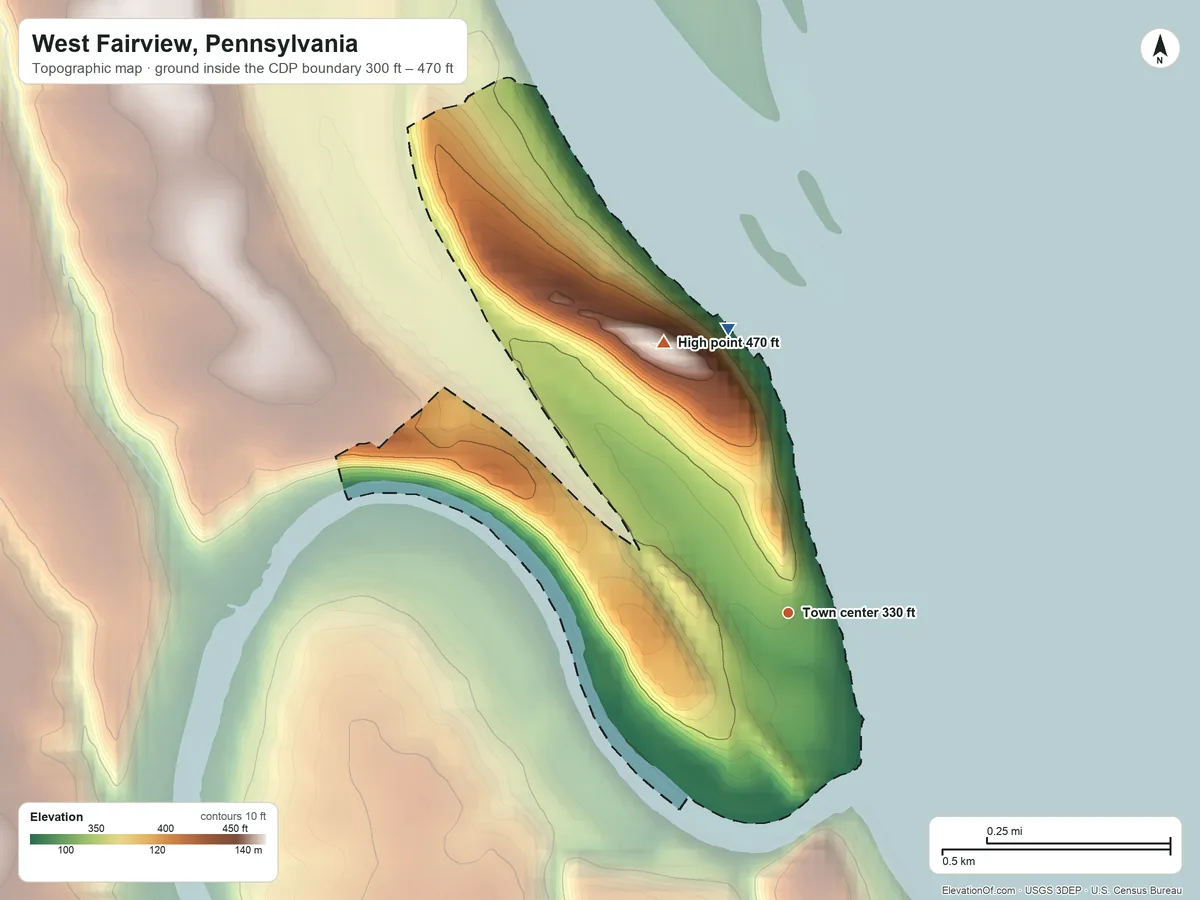 Topographic elevation map of West Fairview, Pennsylvania, shaded from 300 ft on the north side to 470 ft on the northwest side