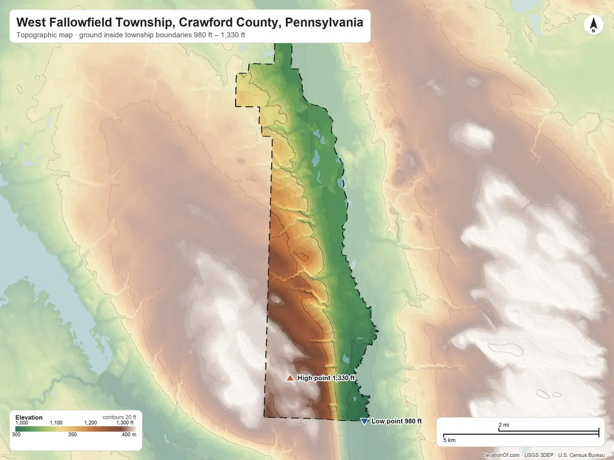 Topographic elevation map of West Fallowfield Township, Crawford County, Pennsylvania, shaded from 980 ft on the south side to 1,330 ft on the south side