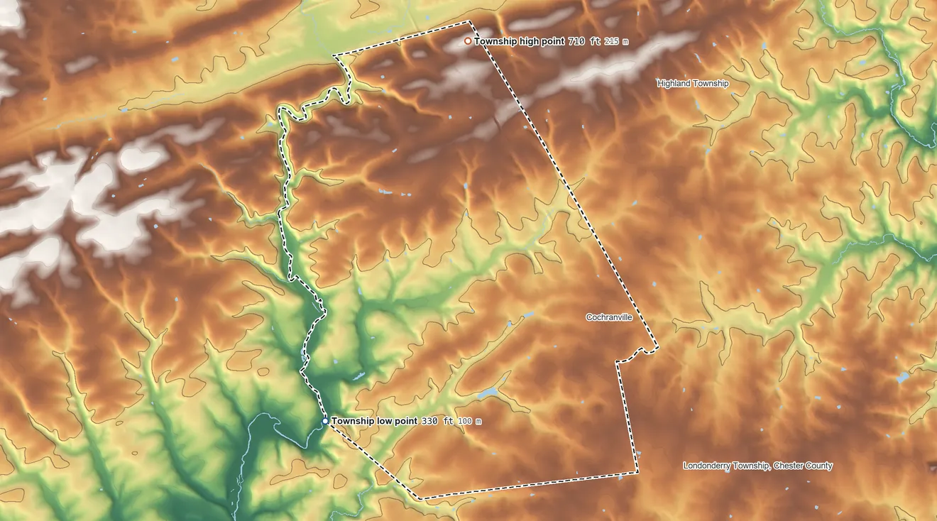 Topographic elevation map of West Fallowfield Township, Pennsylvania, shaded from 330 ft on the southwest side to 710 ft on the north side