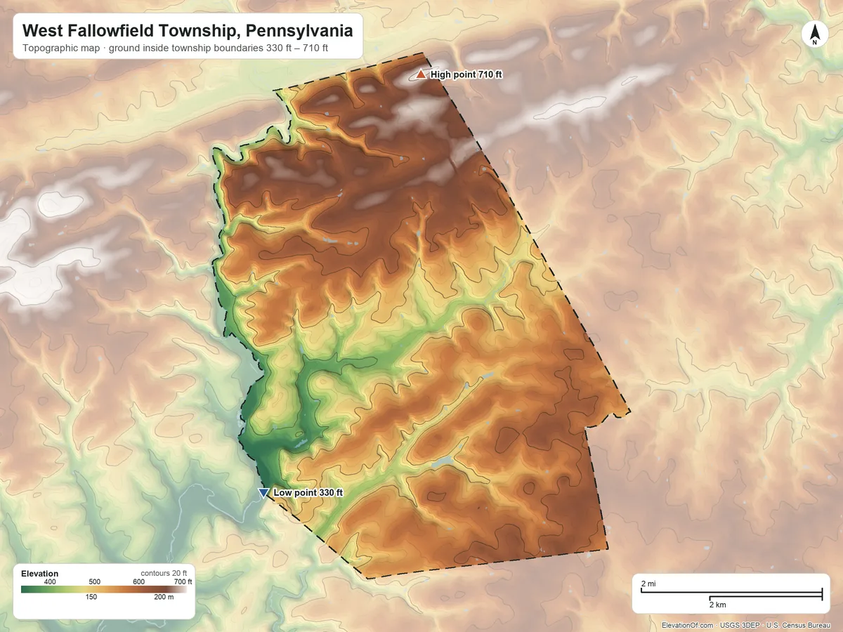 Topographic elevation map of West Fallowfield Township, Pennsylvania, shaded from 330 ft on the southwest side to 710 ft on the north side