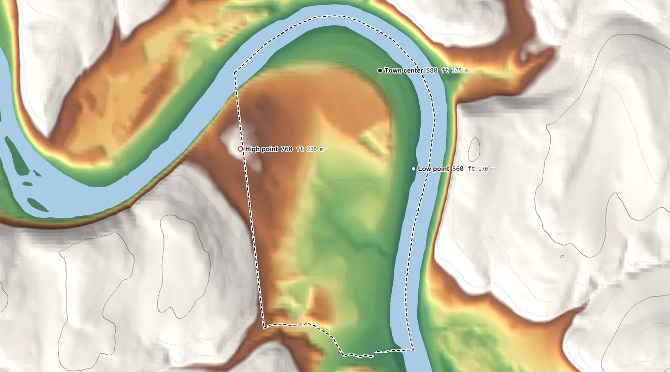 Topographic elevation map of West Falls, Pennsylvania, shaded from 560 ft on the south side to 760 ft at the foot of the Endless Mountains